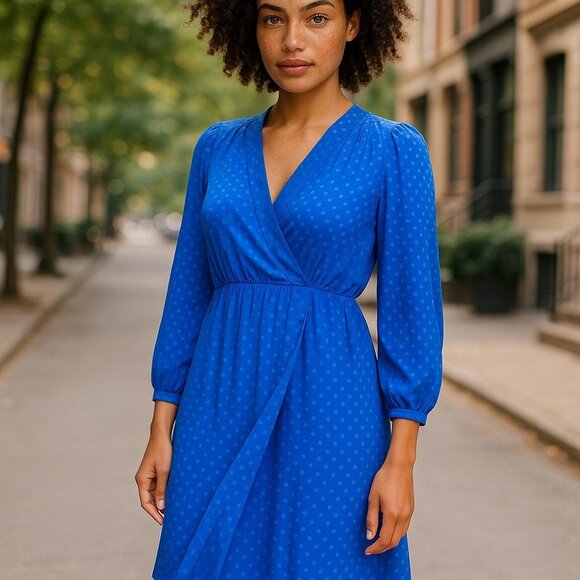 VINTAGE 80s KOREAN SAINT ROMEI Royal Blue Silk Dress 6 M Korea Faux Wrap - Picture 16 of 16